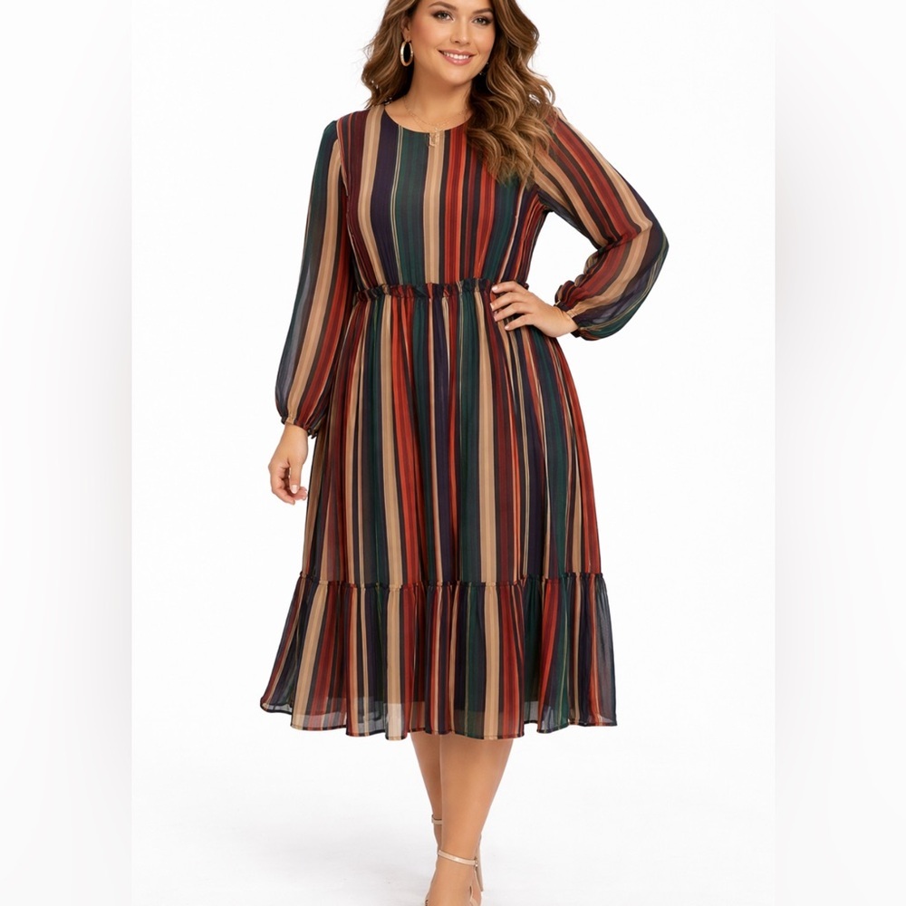 The Collective Boho Metallic Striped Long Sleeve Dress Chic Retro Style